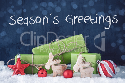 Green Christmas Gifts, Snow, Bokeh, Text Seasons Greetings