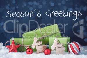Green Christmas Gifts, Snow, Bokeh, Text Seasons Greetings