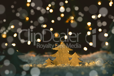 Wooden Christmas Trees, Snow, Magic Bokeh And Lights Background