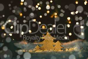 Wooden Christmas Trees, Snow, Magic Bokeh And Lights Background