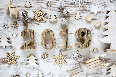 Christmas Decoration With Text 2019, White Wooden Background