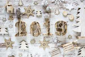 Christmas Decoration With Text 2019, White Wooden Background
