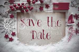 Red Christmas Decoration, Snow, English Text Save The Date