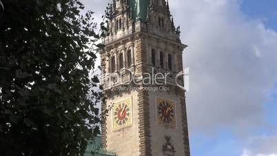 Motion time lapse: Tower with clock of the Town hall in Hamburg, Germany.