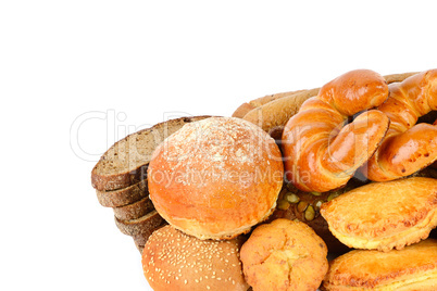 Bread and bakery products isolated on white background. Free spa