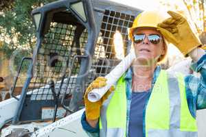 Female Worker Holding Technical Blueprints Near Small Bulldozer