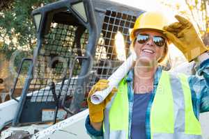 Smiling Female Worker Holding Technical Blueprints