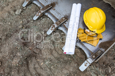 Technical Blueprints, Hardhat, Gloves and Protective Glasses