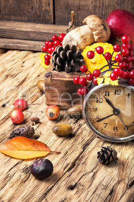 alarm clock and autumn symbols