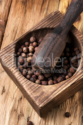 peppercorn in retro wooden mortar