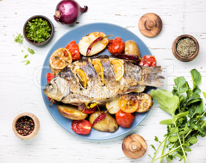 Fish baked with vegetable garnish