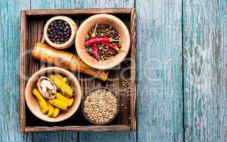 Variety of spices on kitchen table