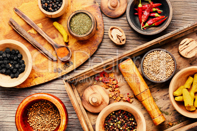 Spices on a wooden board