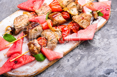 Kebab,grilled meat with watermelon