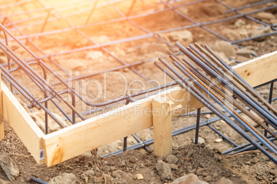 New Steel Rebar Framing Abstract At Construction Site