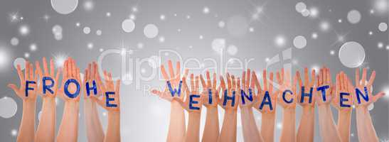 Hands Building Word Frohe Weihnachten Means Merry Christmas, Gray Background