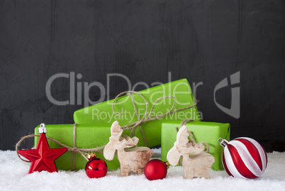 Green Christmas Gifts, Snow, Copy Space, Black Background