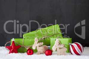 Green Christmas Gifts, Snow, Copy Space, Black Background