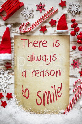 Bright Christmas Flat Lay, Snow, Quote Always Reason To Smile