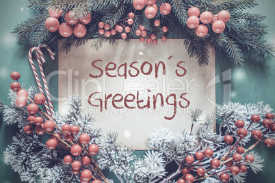 Christmas Garland, Fir Tree Branch, Snowflakes, Text Seasons Greetings