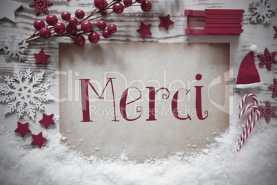 Red Christmas Decoration, Snow, Merci Means Thank You