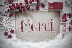 Red Christmas Decoration, Snow, Merci Means Thank You