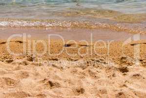 A small wave of blue sea on a sandy beach