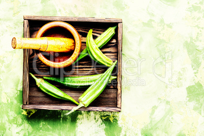 Raw green okra vegetables