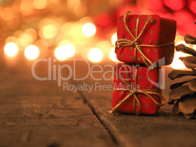 Gift boxes with blurred Christmas lights