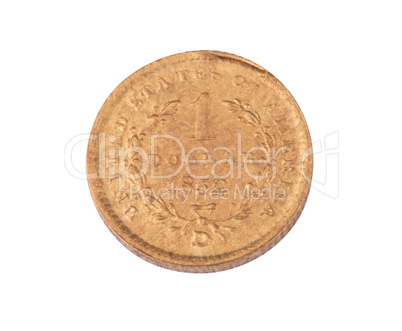 one gold 1852 dollar coin isolated on white background