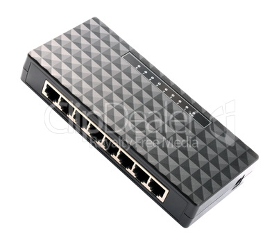 black 8 Port Plastic Ethernet Switch isolated on white backgroun