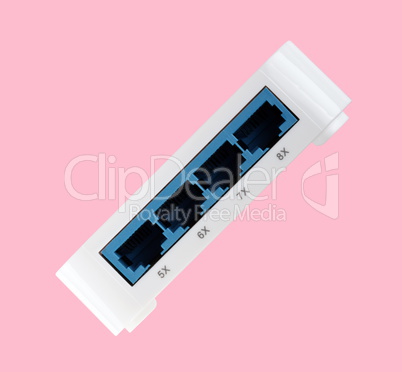 White 8 Port Plastic Ethernet Switch isolated on pink background