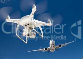 Unmanned Aircraft System (UAV) Drone In The Air Near Airplane