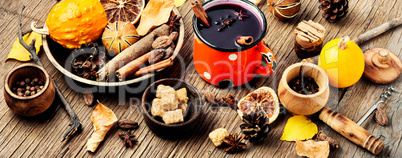 Mulled wine in autumn foliage