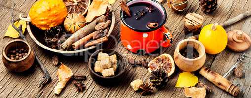 Mulled wine in autumn foliage