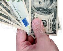 hand with dollar and euro on white