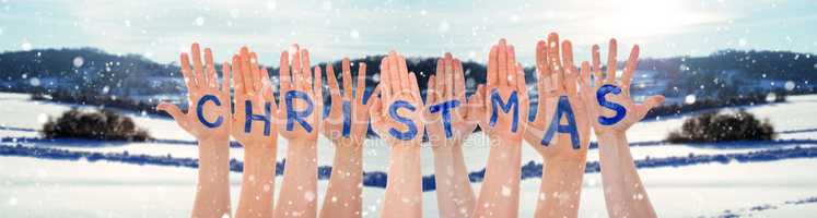 Many Hands Building Word Christmas, Winter Scenery As Background