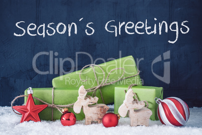Green Christmas Gifts, Snow, Decoration, Text Seasons Greetings
