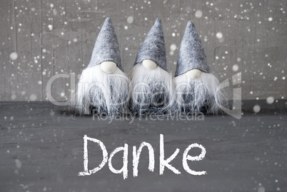 Three Gray Gnomes, Cement, Snowflakes, Danke Means Thank You