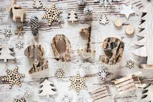 White Christmas Decoration, Text 2019, Rustic Wooden Background