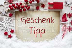 Red Christmas Decoration, Snow, Geschenk Tipp Means Gift Tip