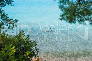 Sea view through pine forest. Tourists swim with a mask in the sea. Halkidiki Greece