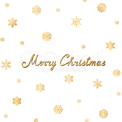 Merry Christmas lettering greeting card. Snow pattern with golden snowflakes