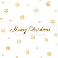 Merry Christmas lettering greeting card. Snow pattern with golden snowflakes