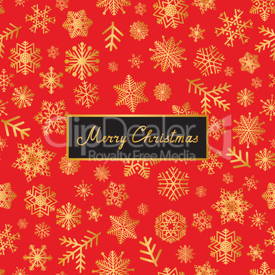 Merry Christmas lettering greeting card. Snow pattern with golden snowflakes