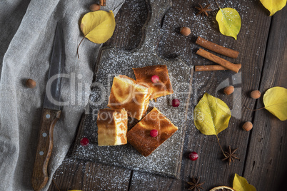 square pieces of cottage cheese and pumpkin pie on a wooden boar