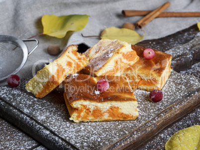 square slices of cottage cheese and pumpkin pie