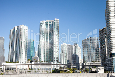 Skyline of Miami, Florida along the highway in the thick of the