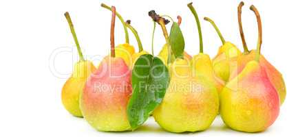 Ripe appetizing pears isolated on white background. Wide photo .