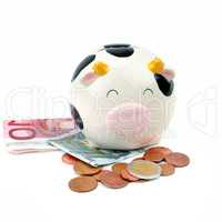 Piggy bank, banknotes and euro coins isolated on white backgroun